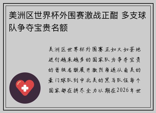 美洲区世界杯外围赛激战正酣 多支球队争夺宝贵名额