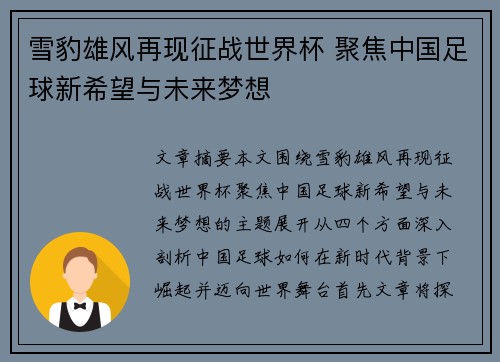 雪豹雄风再现征战世界杯 聚焦中国足球新希望与未来梦想
